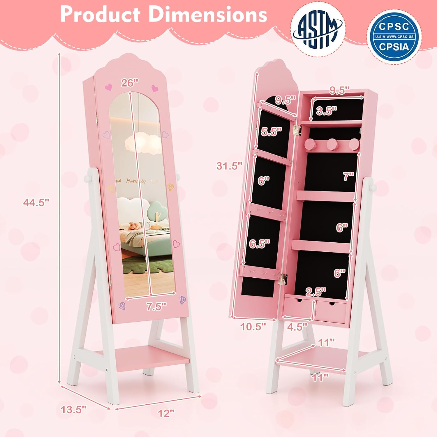 Costzon Kids Vanity & Jewelry Armoire Cabinet, Kids Makeup Vanity Table and Chair Set, Standing Jewelry Organizer with Full-Length Mirror, Kids Bedroom Furniture Set for Girls (Pink)
