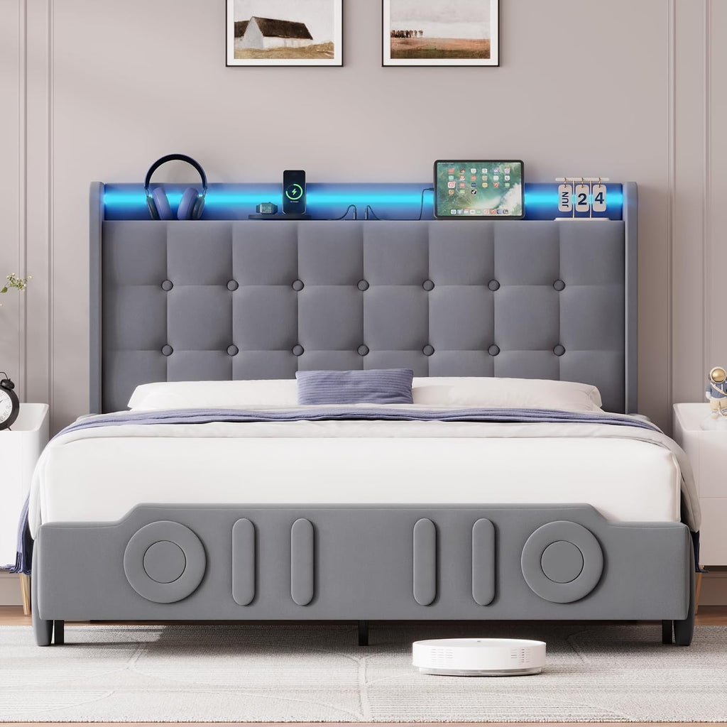 Keyluv Full Car Bed Frame with LED Lights and Charging Station, Upholstered Platform Bed with Button Tufted Headboard and Wheels, No Box Spring Needed, Noise-Free, Easy Assembly, Velvet Grey