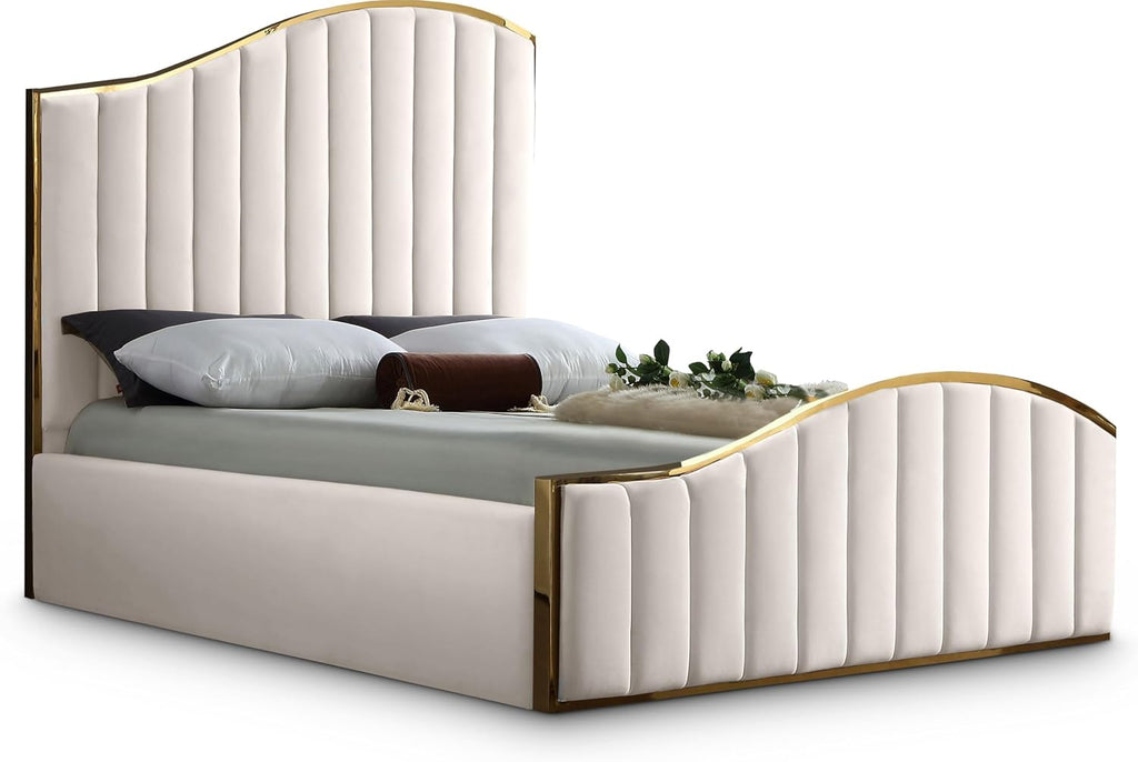 Meridian Furniture Jolie Collection Modern | Contemporary Velvet Upholstered Bed With Channel Tufting, And Polished Gold Metal Frame, Cream, Queen