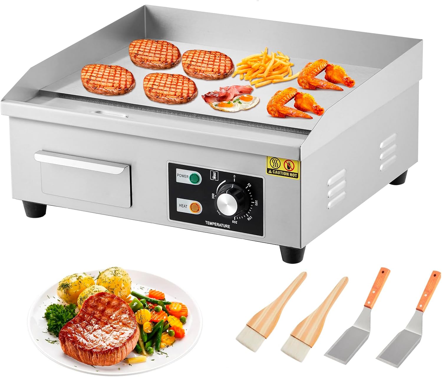 18' Commercial Electric Griddle, Flat Top Griddle With Shovels Brushes, Non-Stick Countertop Electric Griddle for Restaurants Food Trucks, 110V/1600W, Adjustable Temperature Control