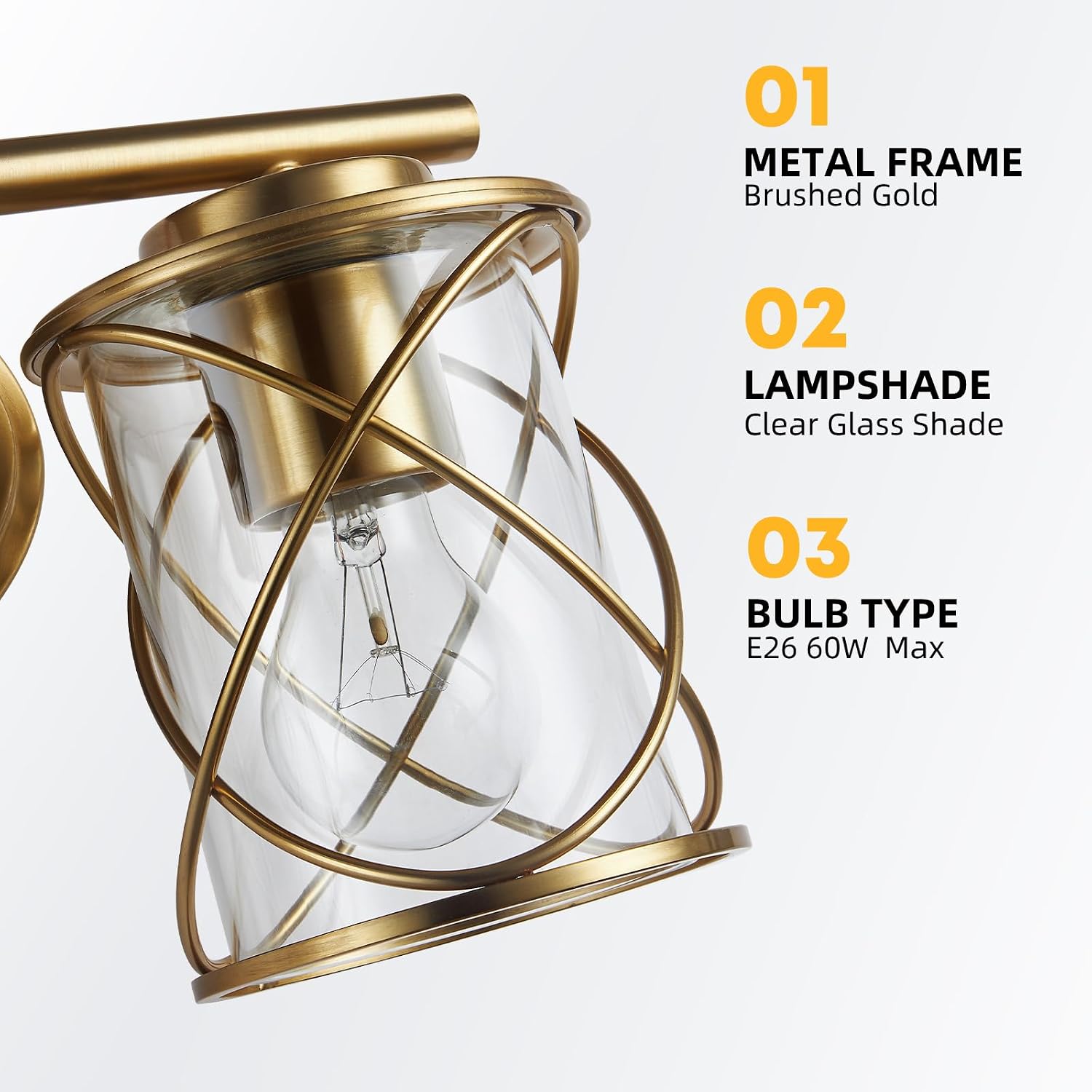 4-Lights Bathroom Light Fixtures, Brushed Gold Modern Vanity Light Over Mirror, Bathroom Wall Lamp for Mirror Kitchen Living Room Hallway Porch, Farmhouse Wall Lights with Clear Glass Cage Shade