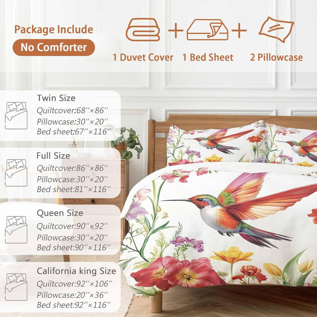 Retro Duvet Cover Set Queen Size 4 Pieces Hummingbird Colorful Floral Pastoral Spring Scenery Bedding Set with Zipper Closure, 1 Comforter Cover 90x92 Inches 1 Flat Sheet & 2 Pillow Cases