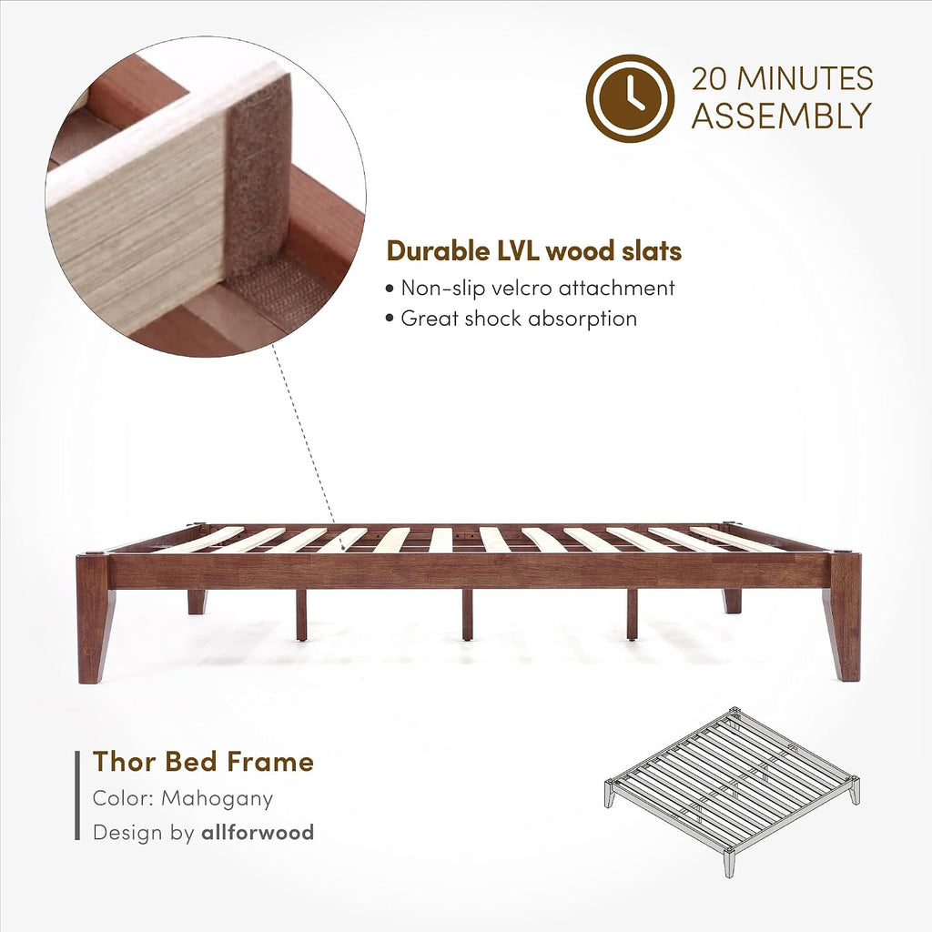 Thor Premium Solid Wood Bed Frame Queen, Japanese Joinery Bed Frame with Wood Slat Support, Platform Bed, No Box Spring Needed, Easy Assembly, Minimalist & Modern Style (Mahogany)