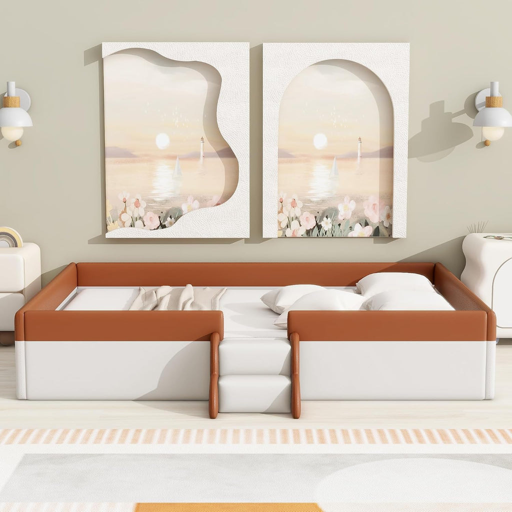 VilroCaz Queen Size Upholstered Daybed Frame with Fence and Stairs, Montessori Kids Floor Bed with Sturdy Slat Support for Kids Boys Girls (Brown+Queen)