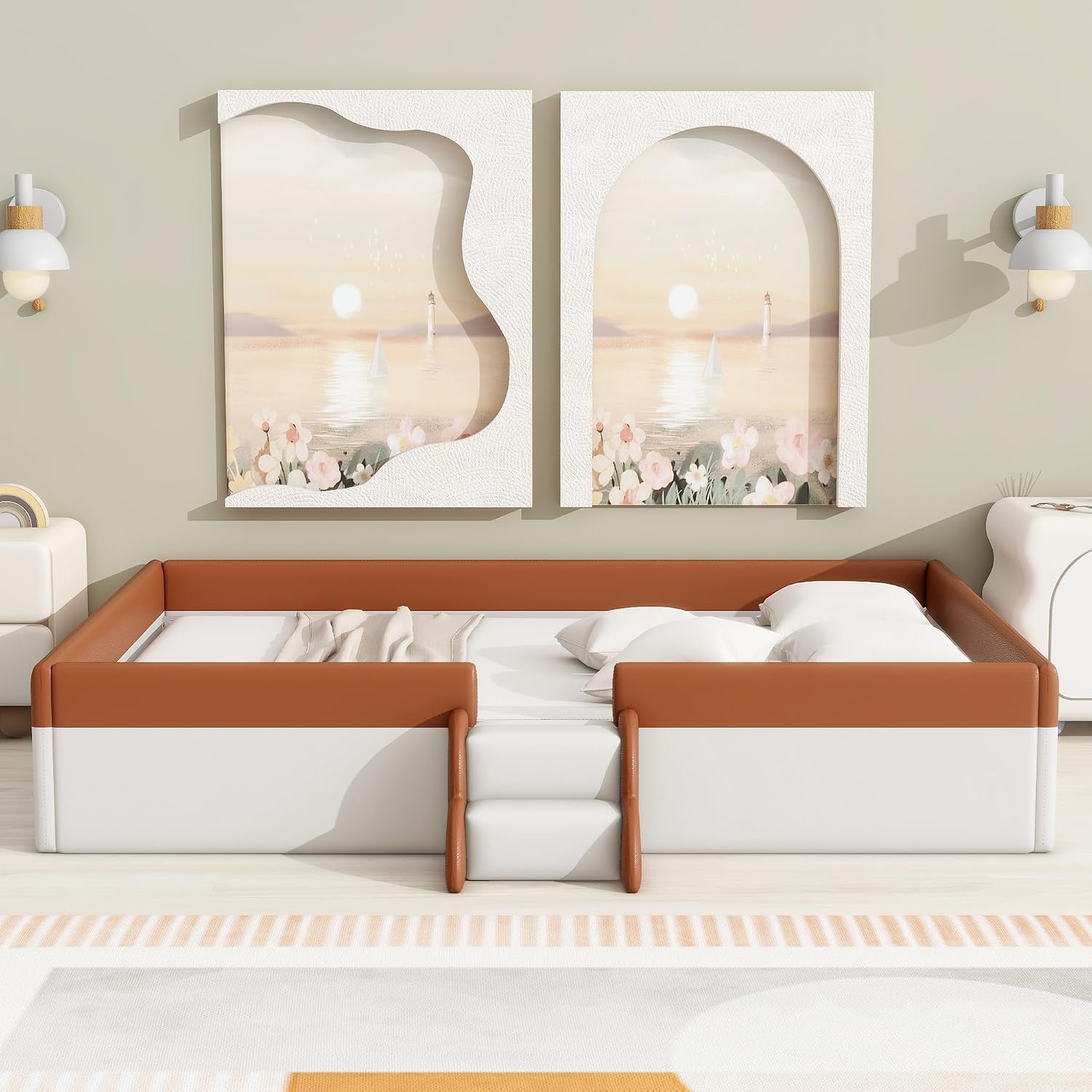 VilroCaz Queen Size Upholstered Daybed Frame with Fence and Stairs, Montessori Kids Floor Bed with Sturdy Slat Support for Kids Boys Girls (Brown+Queen)