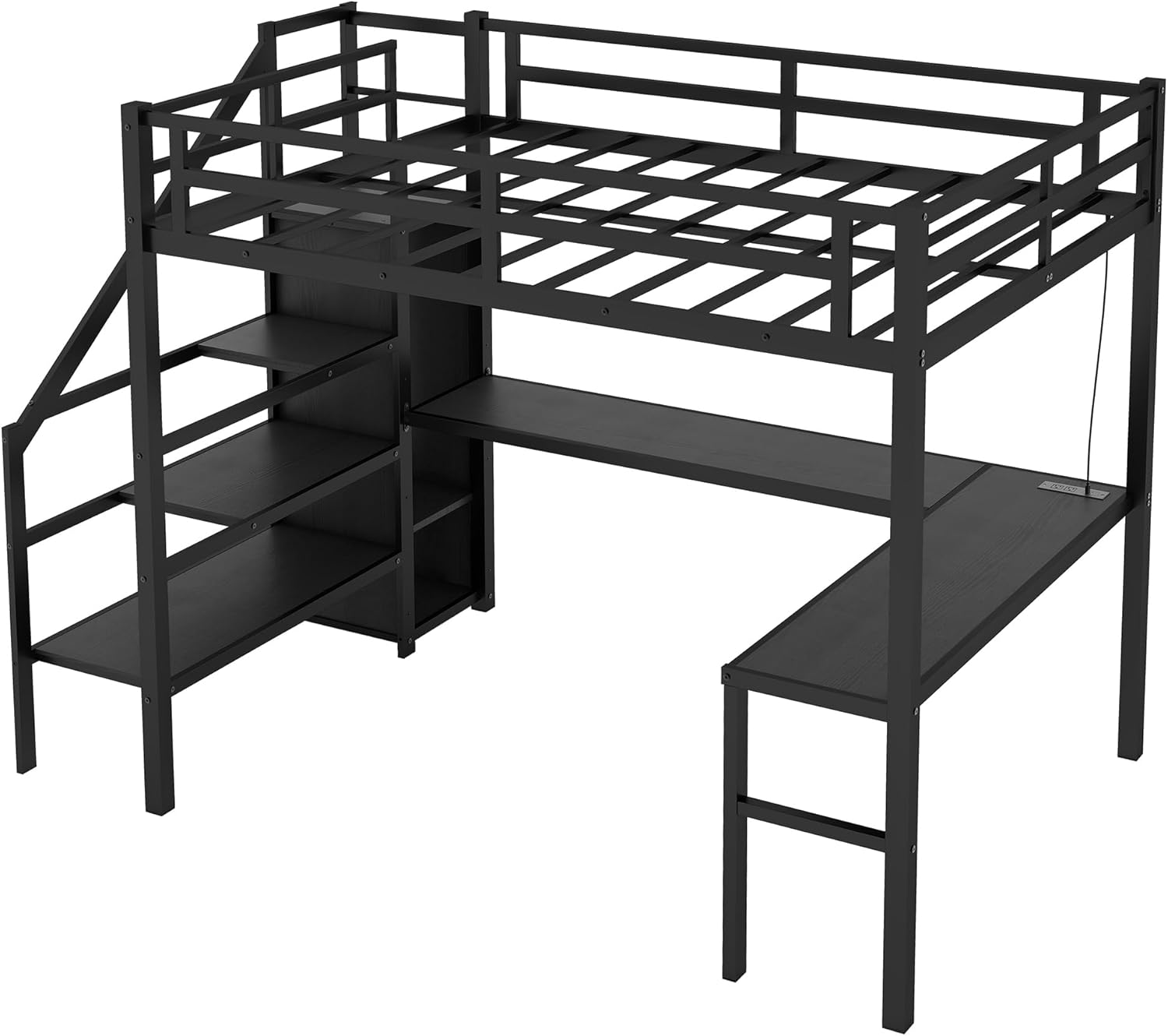 Ball & Cast Twin XL Size High Loft Bed with LED Light Strip & USB,Metal Bedframe W/L-Shape Desk & Built-in Storage Staircase,Wardrobe & Adjustable Shelf,Bedroom Furniture Set for Kid Teen Adult,Black