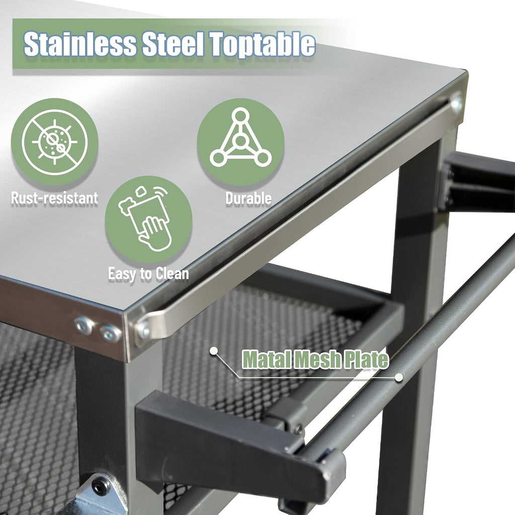 Domi 3-Shelf Outdoor Grill Table, Grill Cart with Wheels, Outdoor Pizza Oven and Food Prep Table, Blackstone with Stainless Steel Tabletop, BBQ Stand for Blackstone Griddle for Outside BBQ