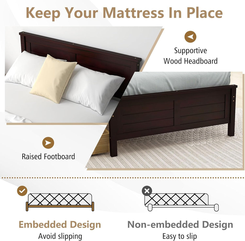 KOMFOTT Twin Size Wood Bed Frame with 2 Storage Drawers, Mid Century Platform Bed Frame with Headboard, Sturdy Wooden Slats Support, Modern Mattress Foundation, No Box Spring Required, Easy Assembly