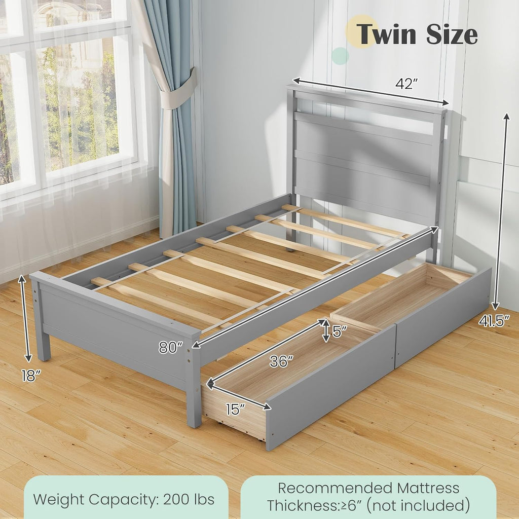 Giantex Wood Twin Bed with 2 Storage Drawers, Solid Wood Platform Bed with Headboard, Single Bed Wooden Slats Support, No Spring Needed, Twin Bed Frame for Kids, Teens, Adults (Grey)