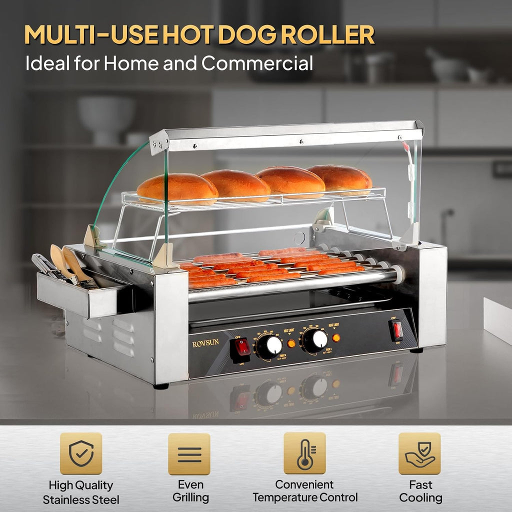 ROVSUN Hot Dog Roller, 18 Hot Dog 7 Rollers ETL Certified, Hot Dog Machine Sausage Grill Cooker with Dual Temp Control, Glass Cover, LED, Side Storage Box, Shelf & Drip Tray for Home Commercial 1050W