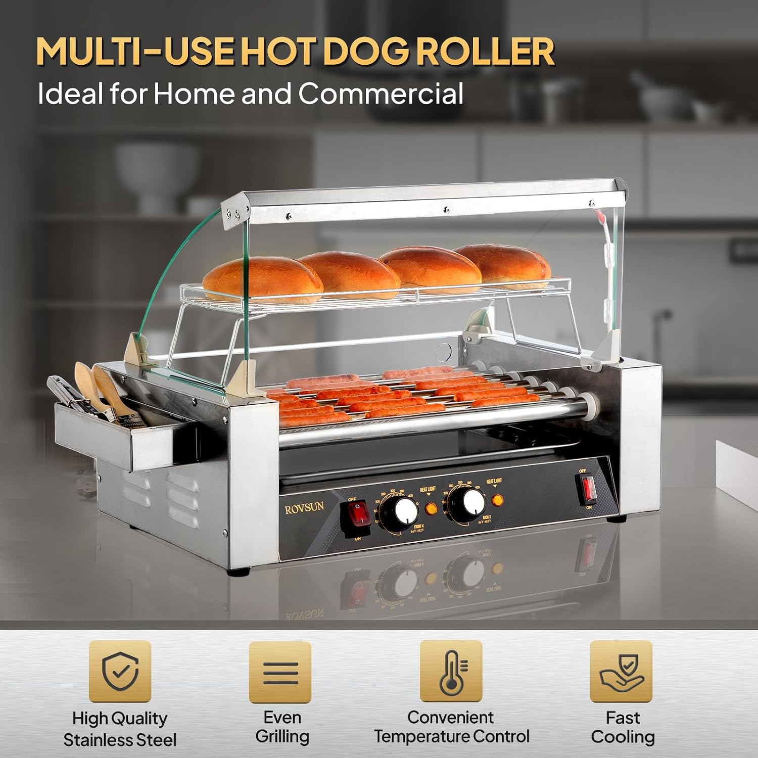 ROVSUN Hot Dog Roller, 18 Hot Dog 7 Rollers ETL Certified, Hot Dog Machine Sausage Grill Cooker with Dual Temp Control, Glass Cover, LED, Side Storage Box, Shelf & Drip Tray for Home Commercial 1050W