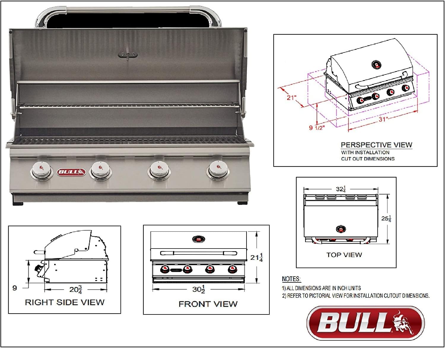 AMS Fireplace | Bull GRILLS outdoor 30' The Outlaw grill NG with Single Side Burner, SS Sink, Grill Cover, Refrigerator, Door & Drawer Combo w/5 in 1 BBQ Tool Set