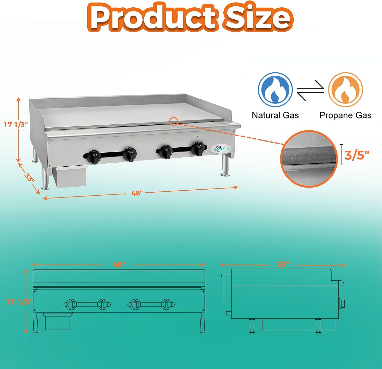 48' Commercial Natural Gas Griddle, Manual Controls, 4 Burners, Heavy Duty Stainless Steel Flat Top Countertop Restaurant Griddle Grill for Restaurant, 120,000 BTU