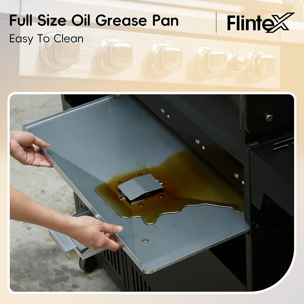Flintex 5-Burner Propane Gas Kitchen Grill Island with Side Burner,52,000 BTU Stainless Steel BBQ Outdoor Griddle Grill Combo with LPG/NG Convertible and Storage Cabinets & Fold-out Table, Black