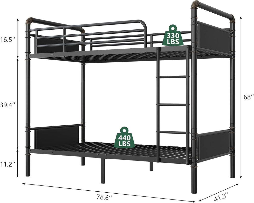 Jocoevol Metal Bunk Bed Twin Over Twin, Industrial Bunkbeds Heavy Duty Bed with Safety Guard Rails and Space-Saving Design, Steel Bed for School, Bedroom (Black)
