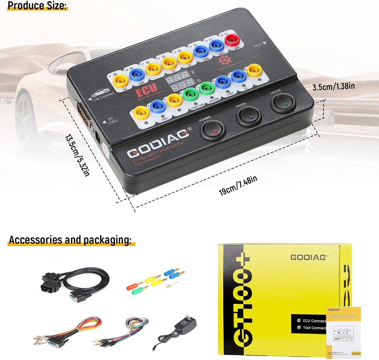 Godiag GT100+ OBDII Breakout Box, Advanced OBD and CAN Protocol Detector for ECU Bench Testing and Car Diagnostics