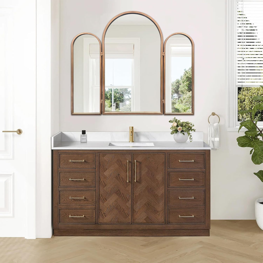 BAODANFU Vintage Gold Trifold Vanity Mirror, 3 Way Mirror for Makeup Room, Dressing Room, Bedroom, Bathroom