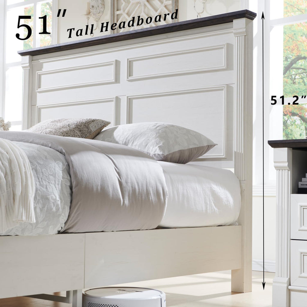 Aitjunz Farmhouse Queen Size Bed Frame with 51' Tall Headboard, Wood Platform Bed Frame with 20' Tall Roman Column Decoration Footboard & 2 Large Storage Drawers, No Box Spring Needed (White)