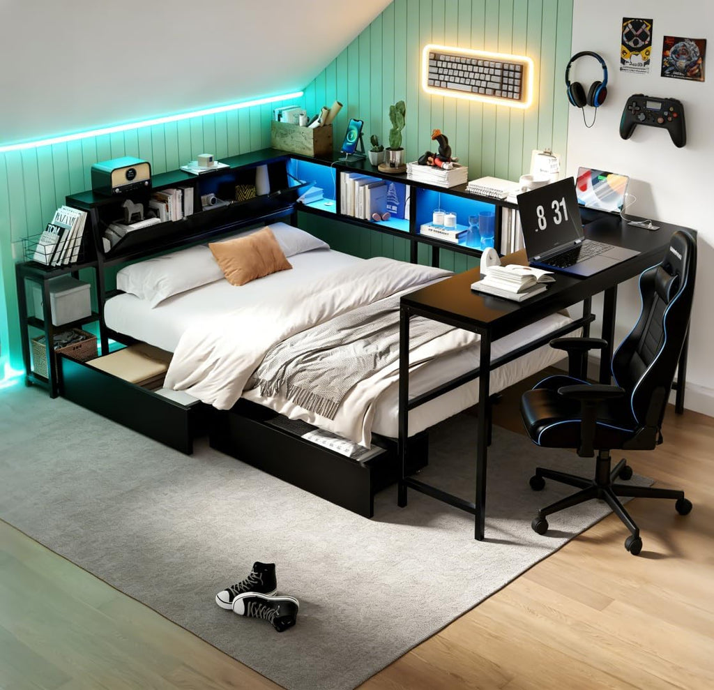 Bellemave Full Corner Bed Frame with Desk and Storage, Full Size Captains Bed with Charging Station and LED Light, Wood Daybeds with L-Shaped Bookcase and 2 Drawers, Black
