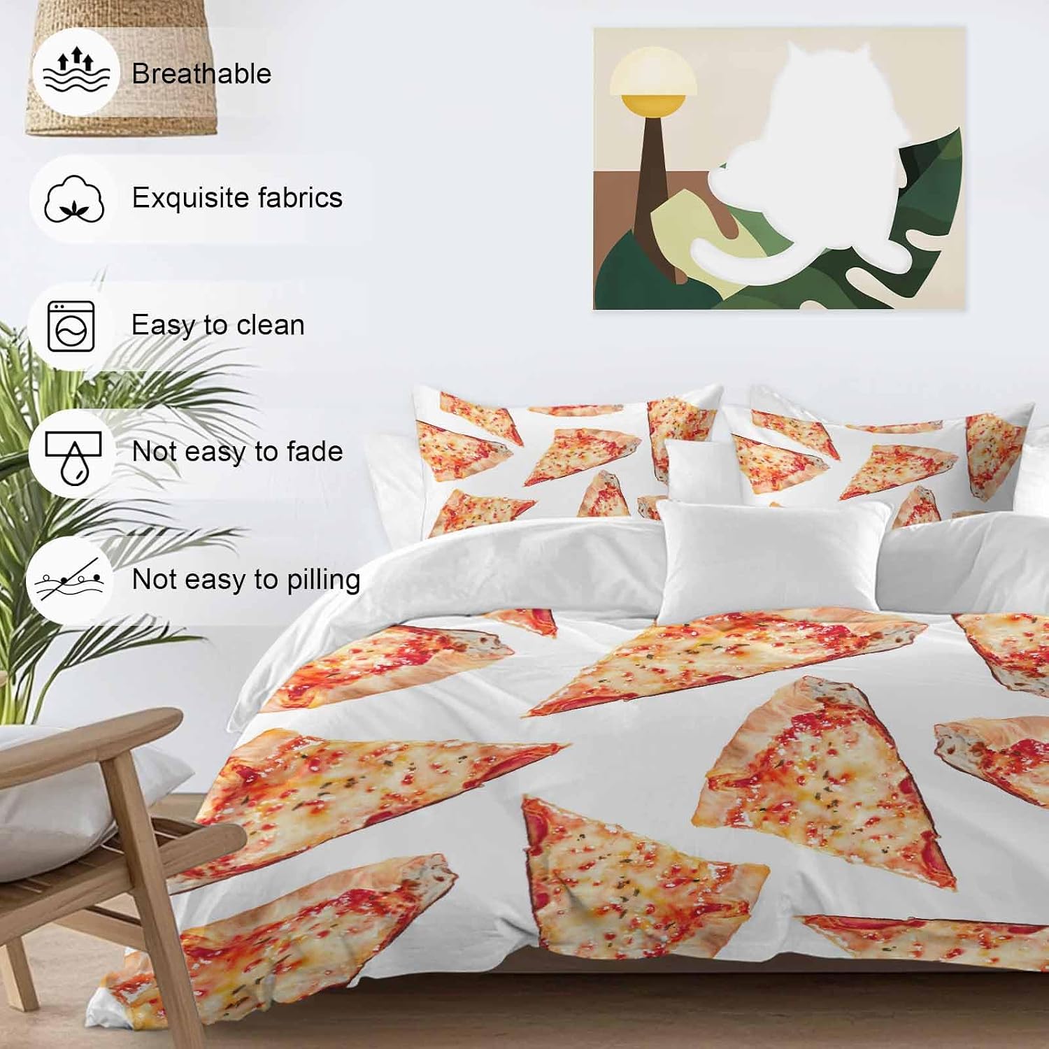 Prime Leader Realistic Food Duvet Cover Set Queen Size 4 Pieces Yummy Italy Naples Thin Crust Pizza Bedding Set with Zipper Closure, 1 Comforter Cover 92x106 Inches 1 Flat Sheet & 2 Pillow Cases