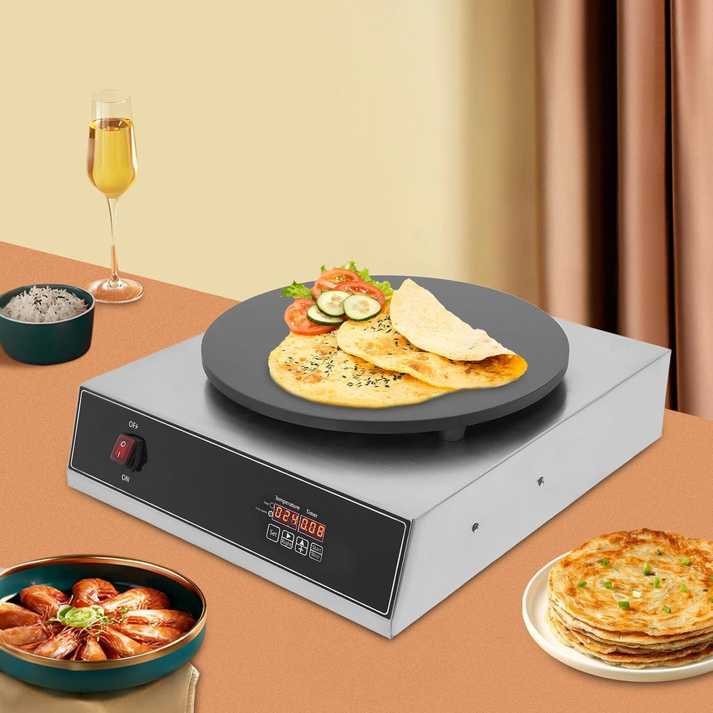 1650W Electric Crepe Maker, 15.74Inch Pancake Making Machine wiith Digital Display, Stainless Steel Non-Stick Round Crepe Griddle with Temp Control