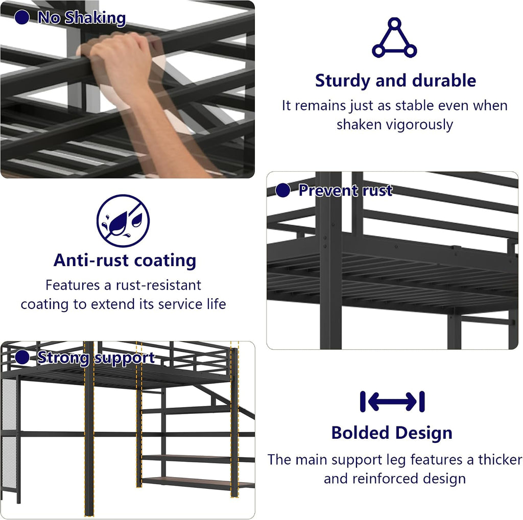Bellemave Twin XL Loft Bed with Desk & Storage Stairs, Metal Twin XL Loft Bed Frame with Iron Nets, LED Lights & USB Ports, Heavy Duty Adult Loft Beds for Kids, Teens, Adults, Noise-Free, Black