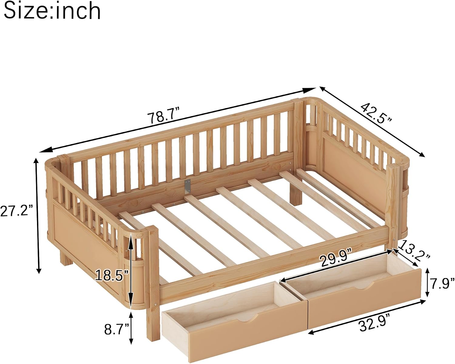 Harper & Bright Designs Twin Size Low Platform Bed Frame, Daybed with Fence and Drawers, Low Profile Bed for Kids Bed Room, Natural
