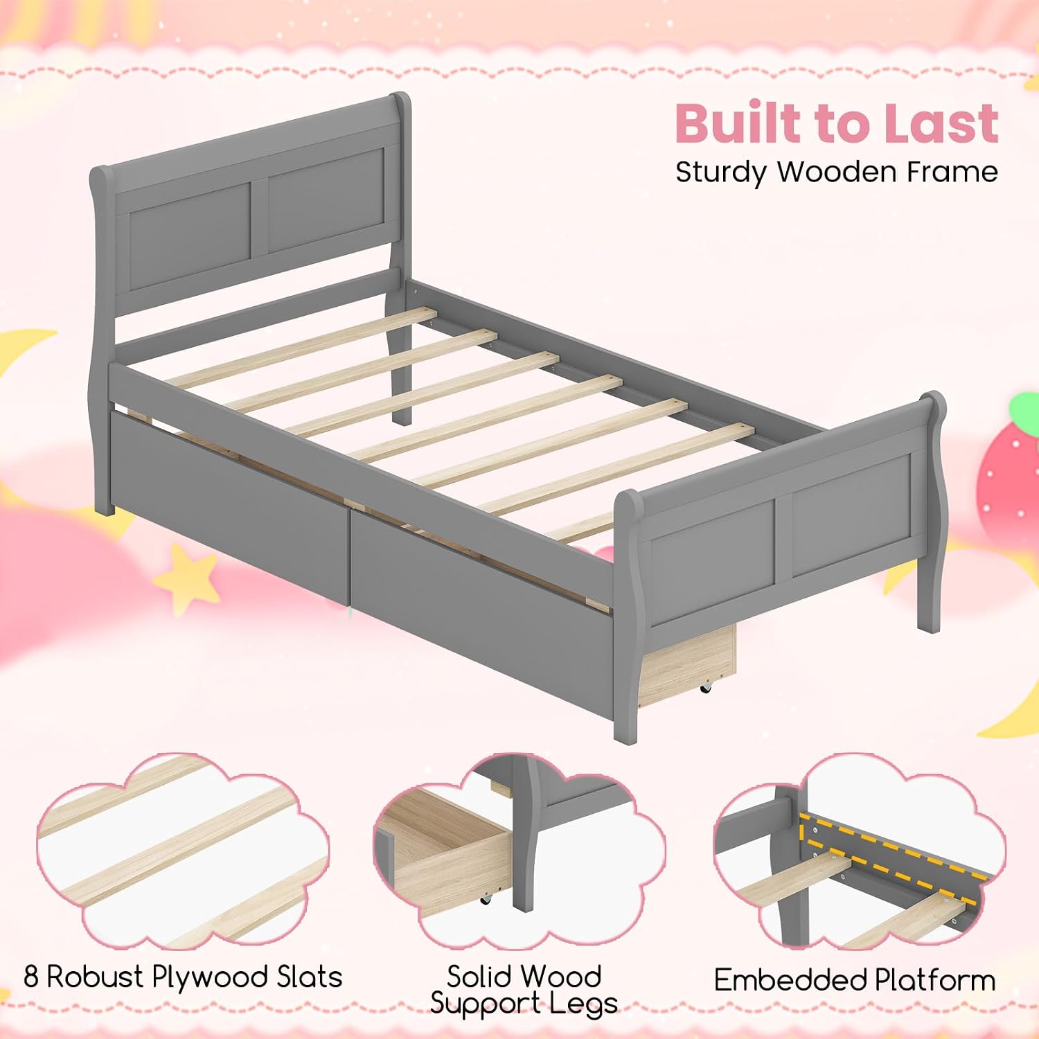 KOMFOTT Twin Bed with 2 Drawers, Twin Storage Bed with Headboard & Footboard, Sleigh Wood Bed Frame with Wooden Slats Support for Kids, Teens, Adults, No Box Spring Needed, Grey