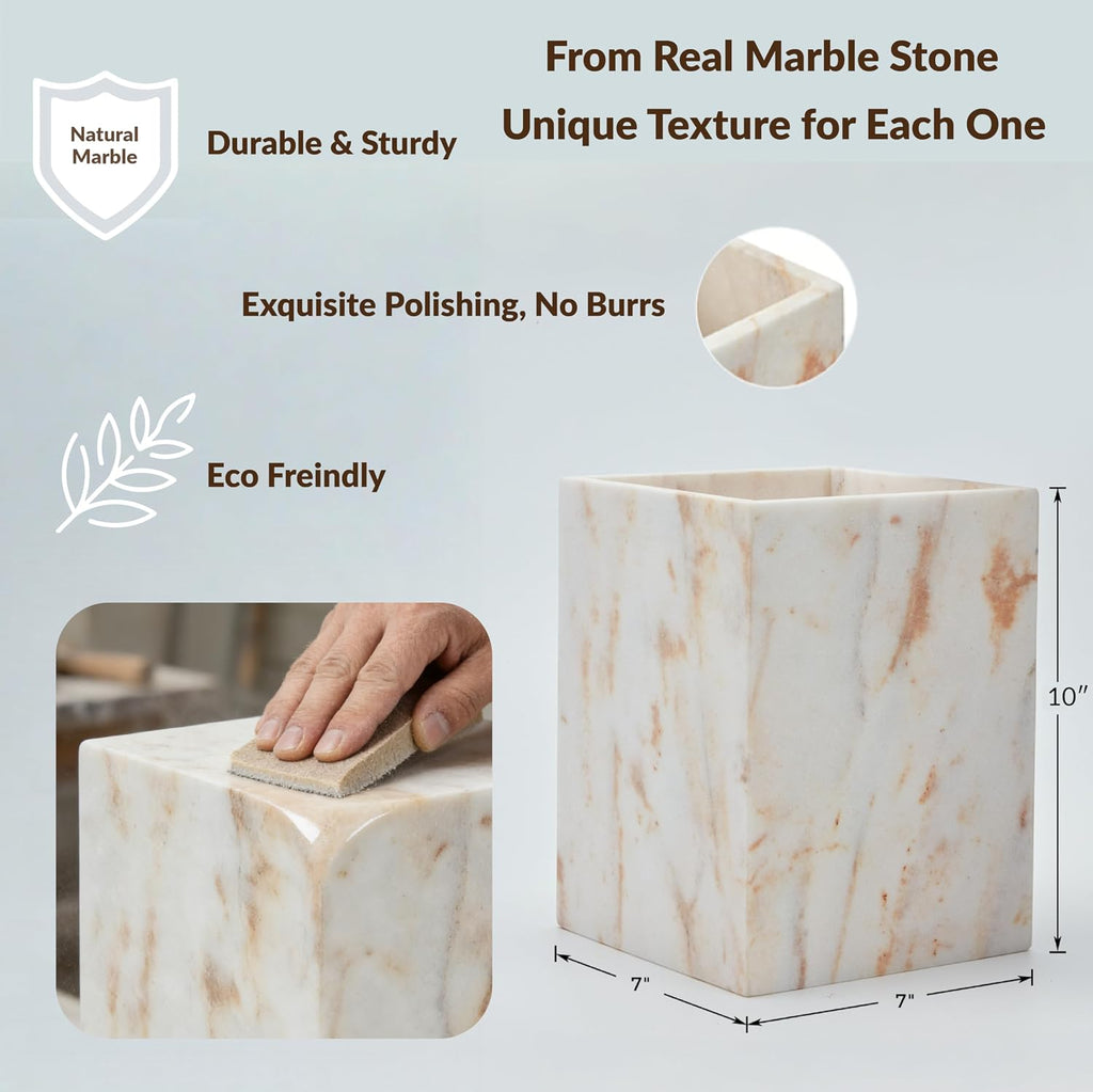 Natural Marble Waste Basket for Bathroom, Modern Gold and White Texture Rectangular Trash Can, Organic Stone Wastebasket Durable Waterproof Garbage Container Bin for Bedroom Living Room Office Kitchen