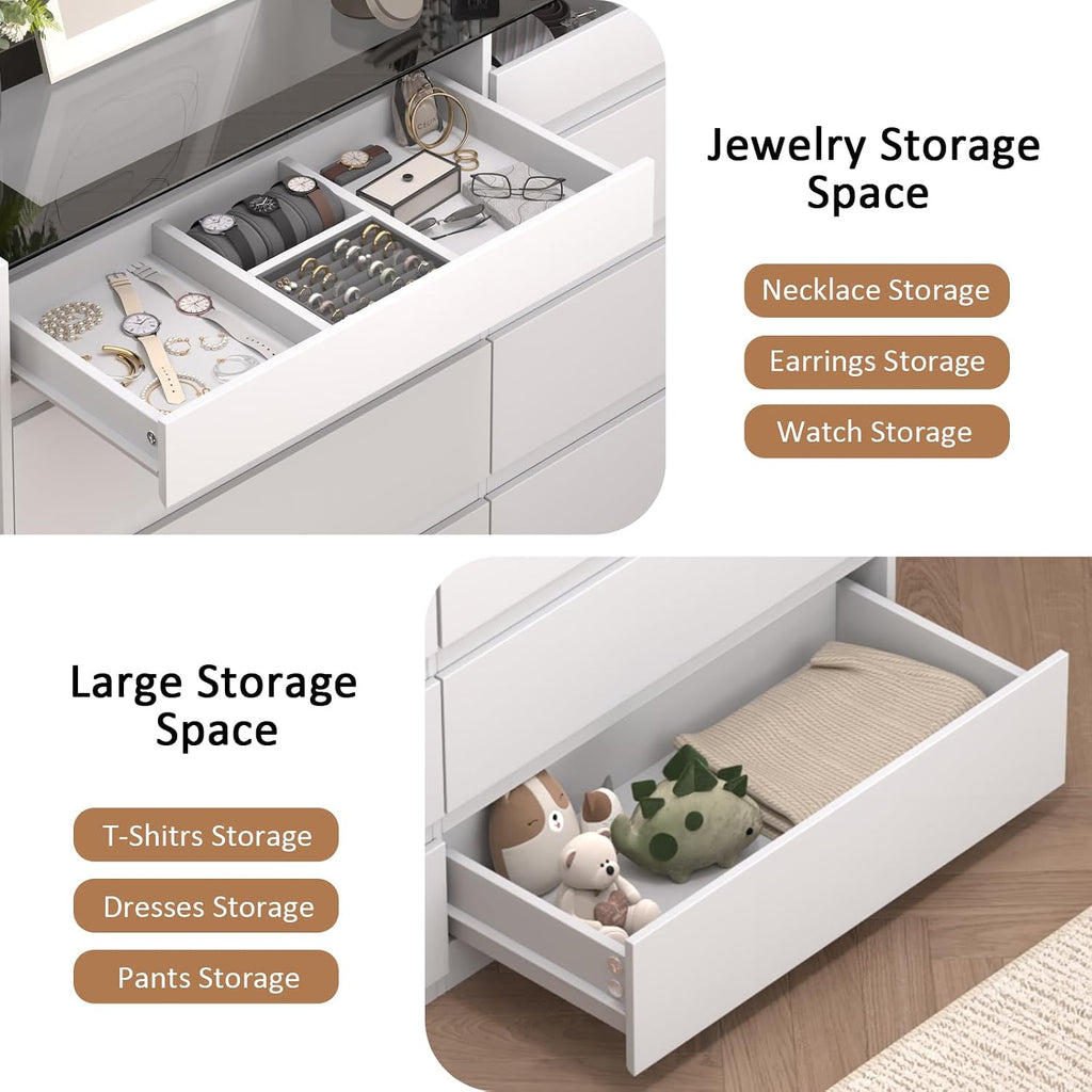 White 8 Drawer Dresser for Bedroom, Modern Chest of Drawers, Jewelry Dresser Display with Glass Top and LED Light, Dressers Organizer for Bedroom, Closet, Living Room