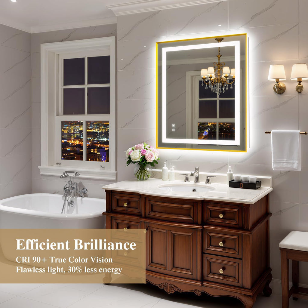 30X36 Inch LED Bathroom Mirror with Lights, Gold Frame Frontlit+ Backlit Bathroom Vanity Mirror for Wall, Ultra-Clear Tempered Glass, Shatter-Proof, Anti-Fog and Memory Function, ETL Listed