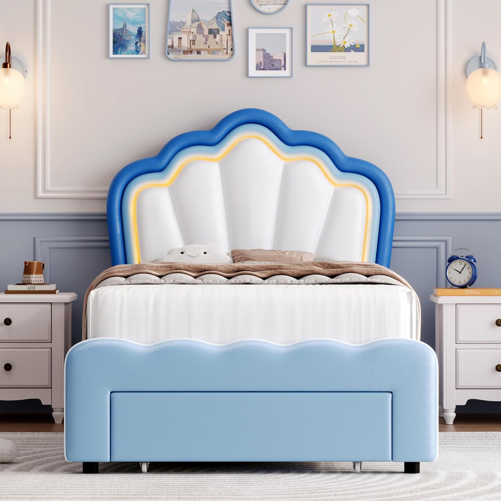 HOSTACK Twin Upholstered LED Bed Frame with Storage Drawers, Cute Boys Bed with Adjustable Lotus Headboard, Faux Leather Platform Bed Frame, Wooden Slats Support, No Box Spring Needed, Blue/White