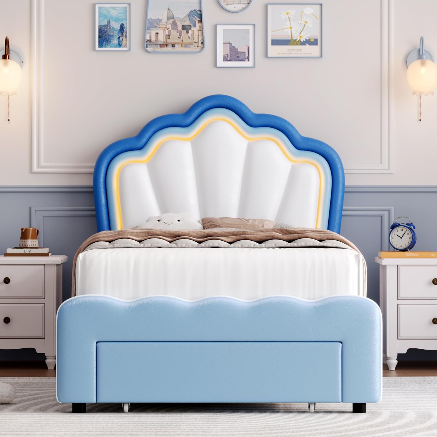 HOSTACK Twin Upholstered LED Bed Frame with Storage Drawers, Cute Boys Bed with Adjustable Lotus Headboard, Faux Leather Platform Bed Frame, Wooden Slats Support, No Box Spring Needed, Blue/White