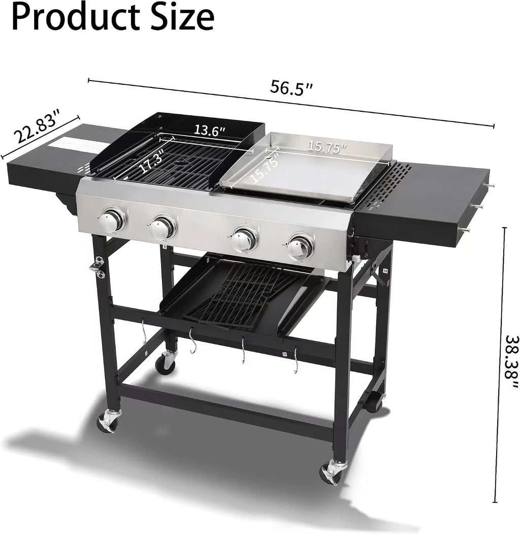 4-Burner Propane Gas Grill and Griddle Combo, 38200 BTU Outdoor BBQ Griddle with Cast Iron Grates and Foldable Side Table, Portable Outdoor Cooking for Patio, Camping, Garden