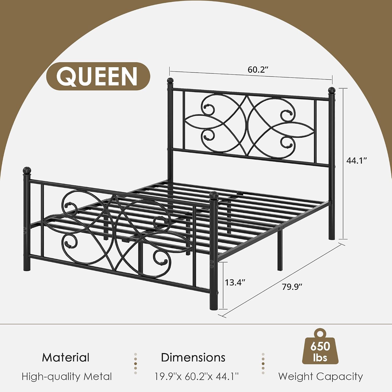 VECELO Queen Size Bed Frame Metal Platform Bed with Headboard and Footboard, Heavy Duty Mattress Foundation, No Box Spring Needed, Easy Assembly, Black