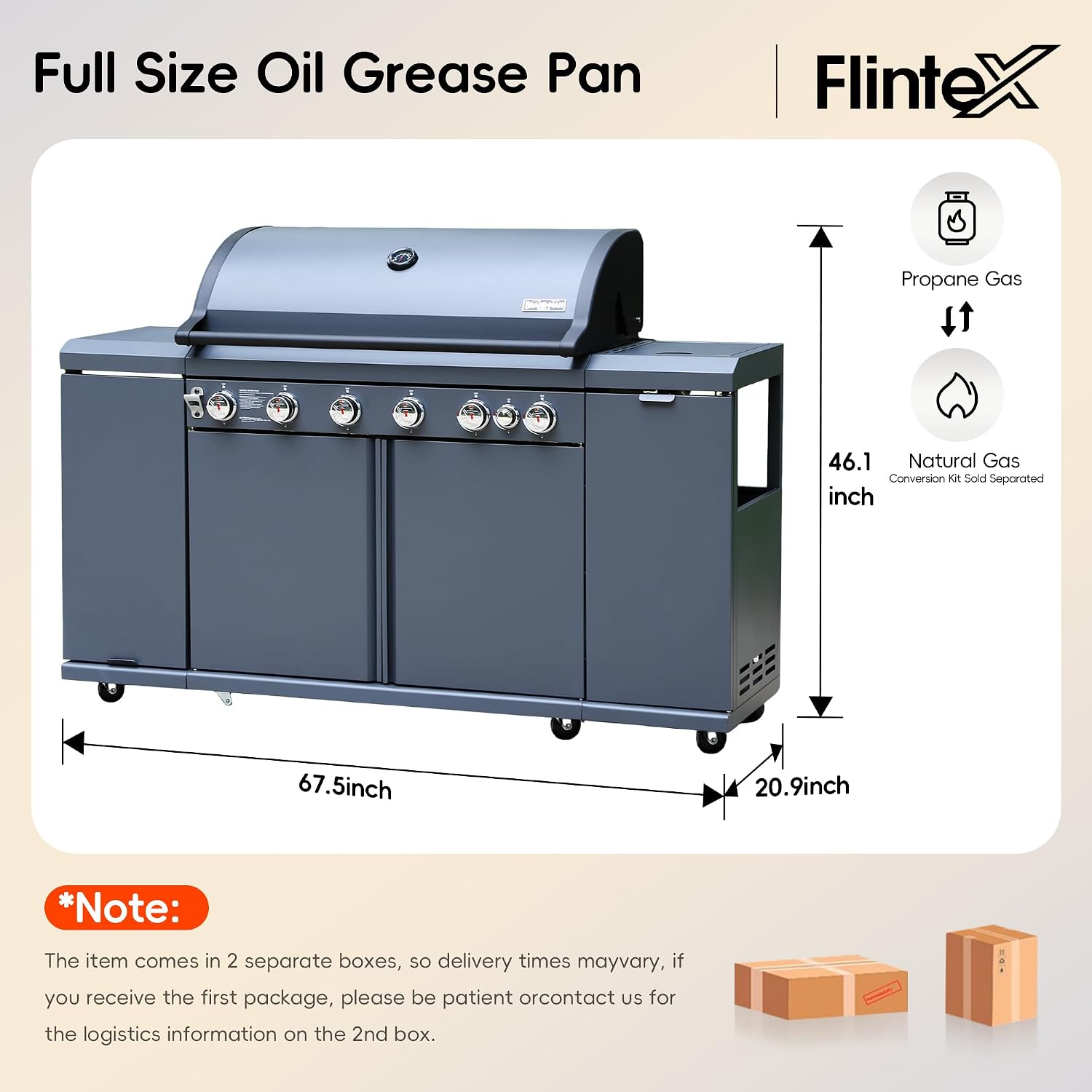 Flintex 6-Burner Propane Gas Kitchen Grill Island with Side Burner,72,000 BTU Stainless Steel BBQ Outdoor Griddle Grill Combo with LPG/NG Convertible and Storage Cabinets & Fold-out Table, Gray