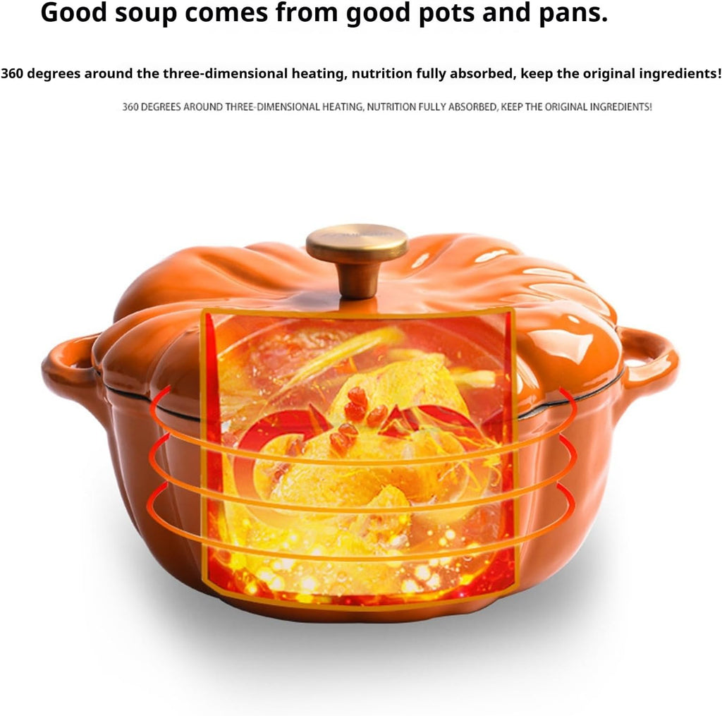 Enameled Cast Iron Dutch Oven with Lid Pumpkin Cocotte,Pumpkin Cast Iron Dutch Oven, Enameled Cast Iron Figural Pumpkin Braiser, Non-Stick Crock-Pot Stock Pot, 3-5 Servings, Halloween Thanksgiving,A