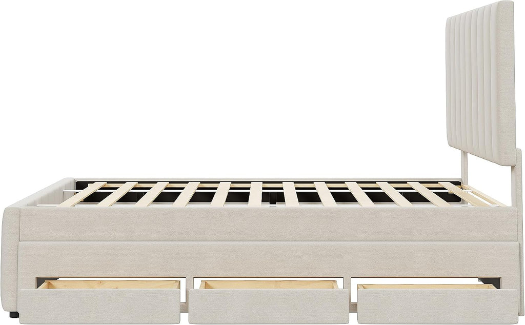 Merax Full Size Upholstered Platform Bed with Trundle and 3 Storage Drawers, Full Bed Frame & Tall Stripe Headboard for Bedroom, Solid Wood Slats Support, No Box Spring Needed, Easy Assembly, Beige