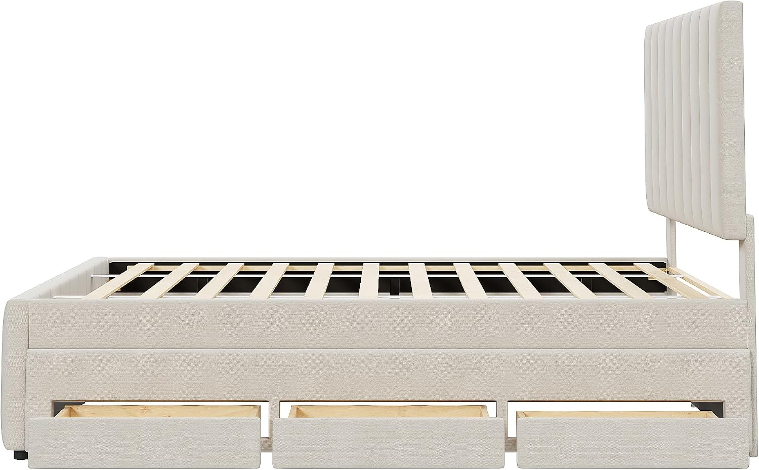 Merax Full Size Upholstered Platform Bed with Trundle and 3 Storage Drawers, Full Bed Frame & Tall Stripe Headboard for Bedroom, Solid Wood Slats Support, No Box Spring Needed, Easy Assembly, Beige