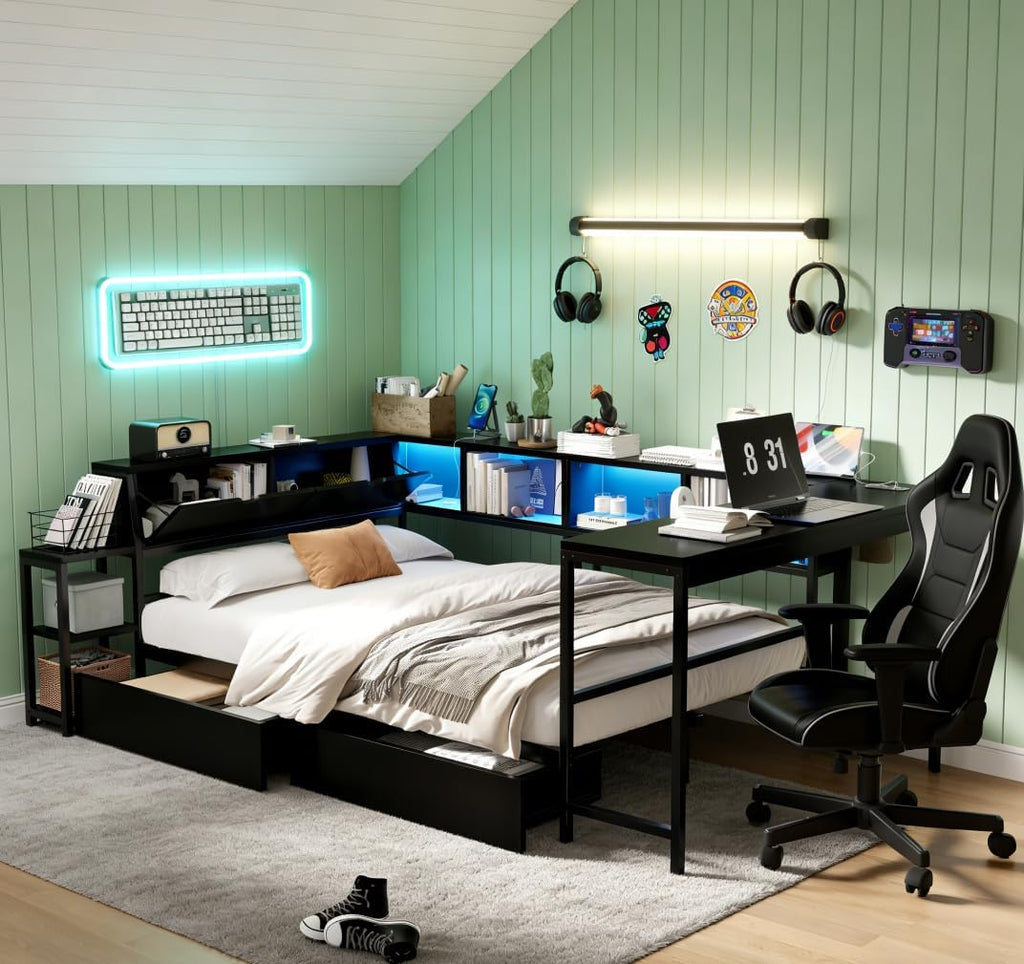 Bellemave Full Corner Bed Frame with Desk and Storage, Full Size Captains Bed with Charging Station and LED Light, Wood Daybeds with L-Shaped Bookcase and 2 Drawers, Black