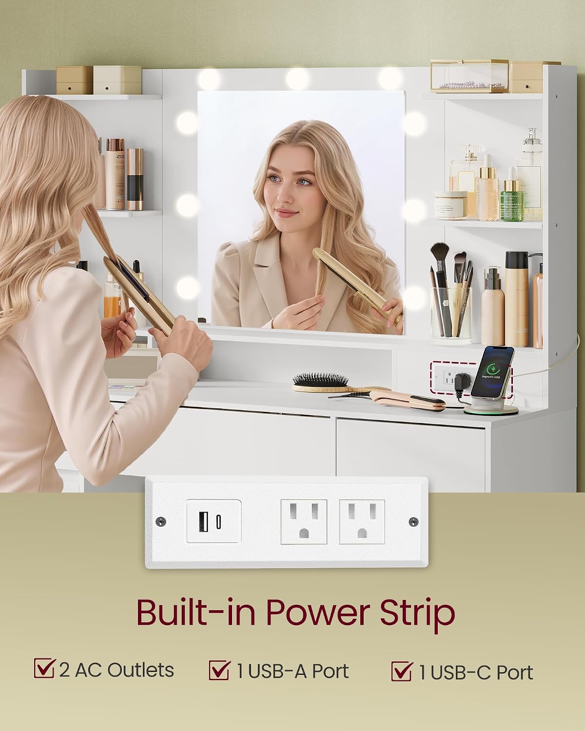 VASAGLE Kailyn Collection - Vanity Desk with Mirror and 9 LED Bulbs, Vanity Makeup Table with Power Outlets, Dressing Table with 9 Drawers, for Bedroom, Cloud White URDT141WB01S