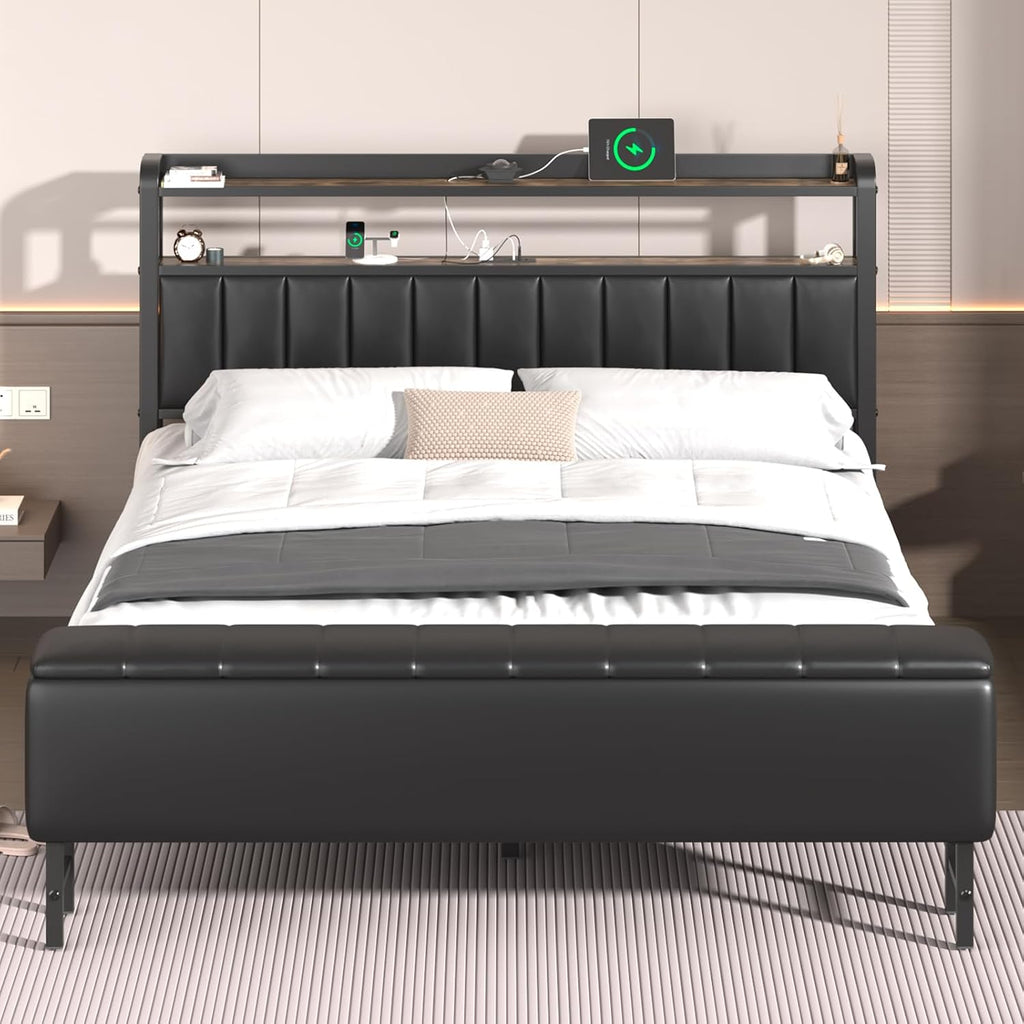 LoVinson Full Size Bed Frame with Headboard & Star Projector, Metal Upholstered Bed Frame with Charging Station, Heavy Duty Bedframe with Storage Ottoman, Noise-Free, No Box Spring Needed, Black