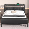 LoVinson Full Size Bed Frame with Headboard & Star Projector, Metal Upholstered Bed Frame with Charging Station, Heavy Duty Bedframe with Storage Ottoman, Noise-Free, No Box Spring Needed, Black
