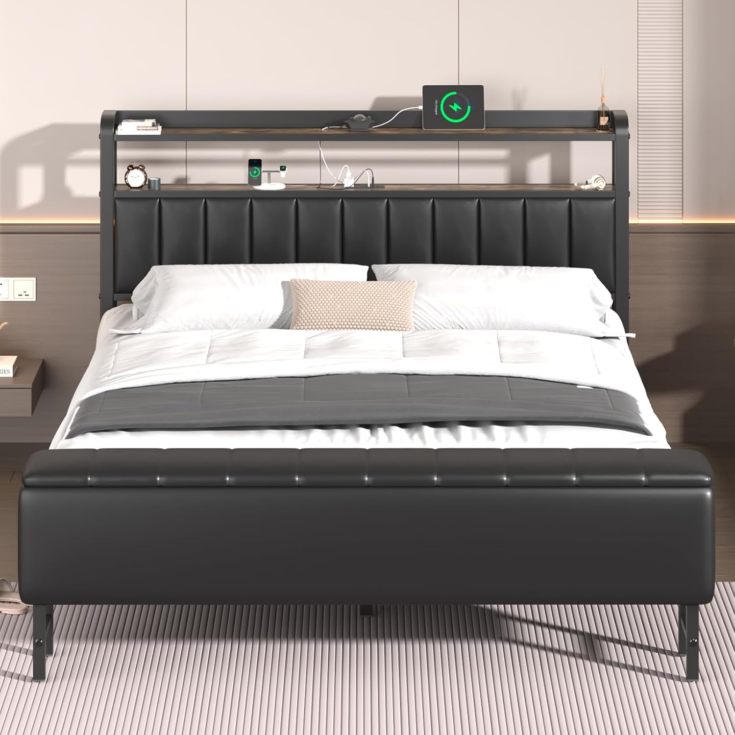 LoVinson Full Size Bed Frame with Headboard & Star Projector, Metal Upholstered Bed Frame with Charging Station, Heavy Duty Bedframe with Storage Ottoman, Noise-Free, No Box Spring Needed, Black
