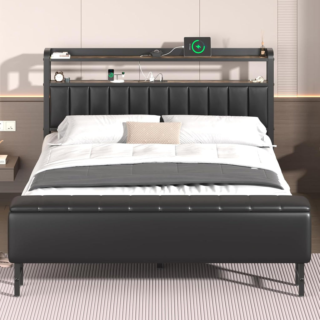 Queen Metal Bed with Star Projector & Charging Station, Upholstered Bed frame with PU Leather Headboard, Heavy Duty Beds with Storage Ottoman, Metal Support, Noise-Free, No Box Spring Needed, Black
