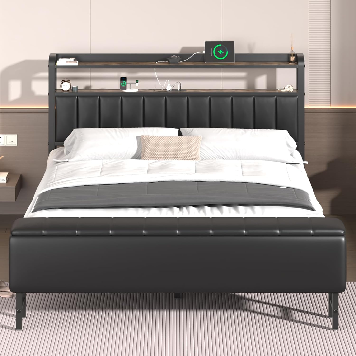 Queen Metal Bed with Star Projector & Charging Station, Upholstered Bed frame with PU Leather Headboard, Heavy Duty Beds with Storage Ottoman, Metal Support, Noise-Free, No Box Spring Needed, Black
