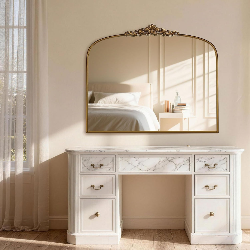 Vintage Gold Arched Wall Mirror 36'x30' – Ornate Baroque Style Antique Brass Frame, Decorative Large Mirror for Entryway, Living Room, Fireplace, Hallway, Bathroom