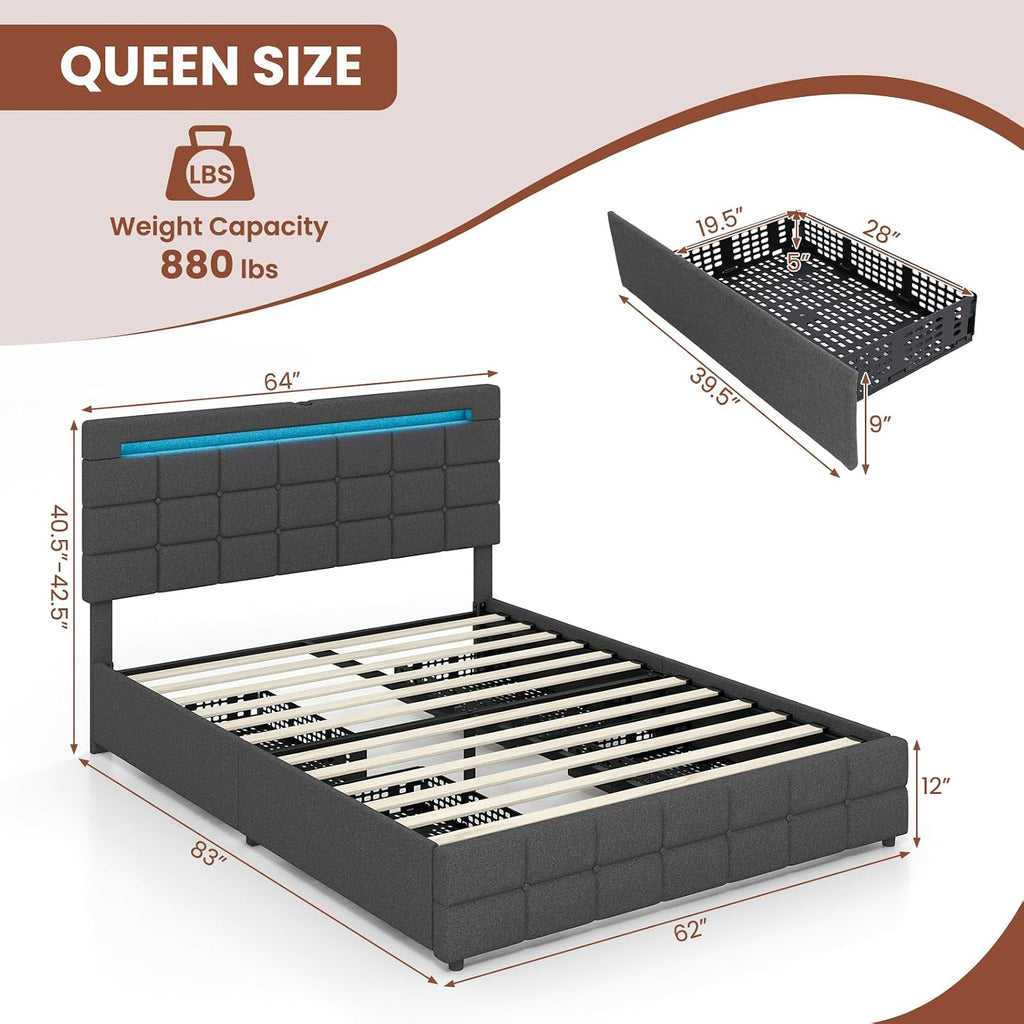 Giantex Queen Bed Frame with LED Lights and 4 Drawers, Upholstered Platform Bed Frame with USB Ports, Tufted Adjustable Headboard Design, Solid Wooden Slat Support, No Box Spring Needed