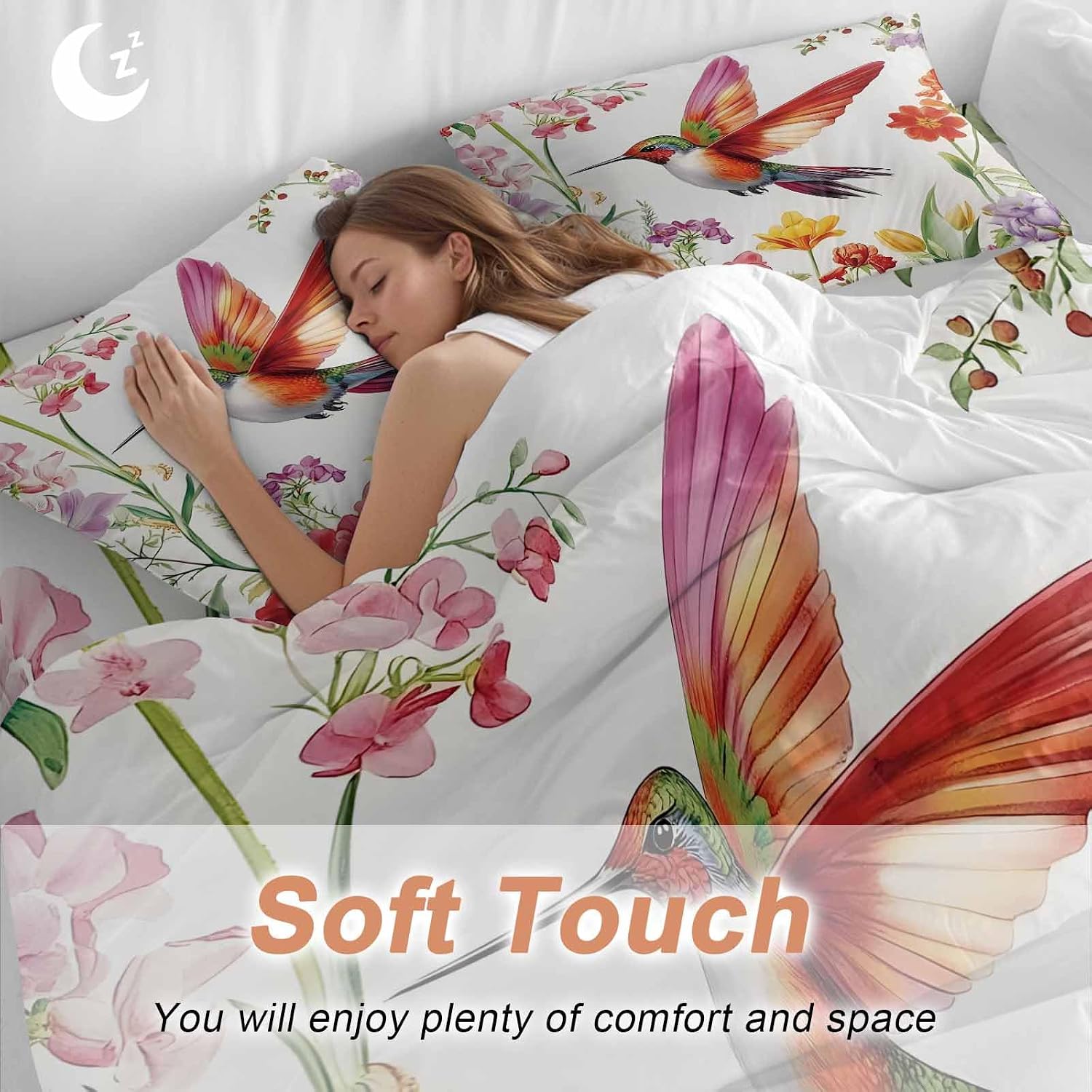 Retro Duvet Cover Set Queen Size 4 Pieces Hummingbird Colorful Floral Pastoral Spring Scenery Bedding Set with Zipper Closure, 1 Comforter Cover 90x92 Inches 1 Flat Sheet & 2 Pillow Cases