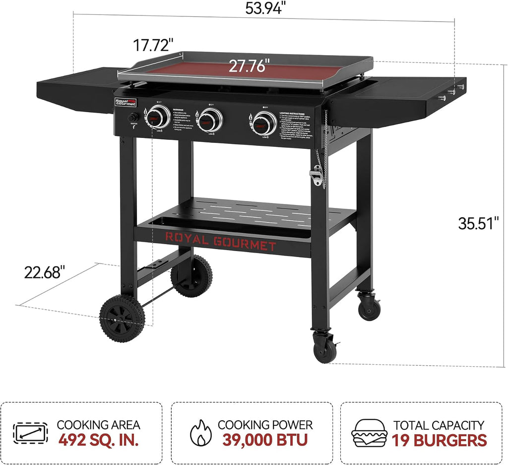 GB3000H 28-Inch 3-Burner Propane Gas Griddle in Black, Griddle with Collapsible Side Shelves, 492 Sq. In. Cooking Area, Perfect for Outdoor Cooking like Camping or Tailgating, Black